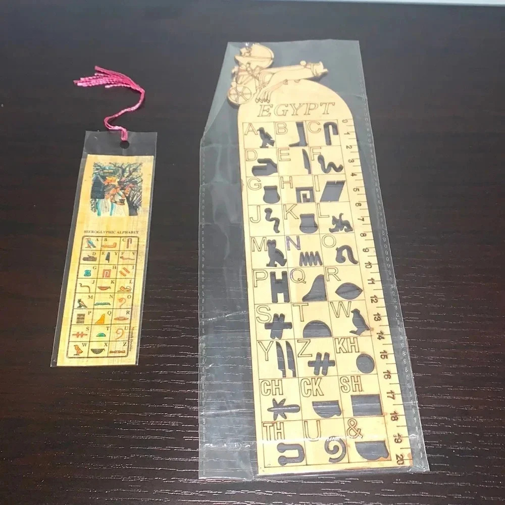 Papyrus Bookmark + 1 Wooden Ruler Egyptian Letters - Picture 1 of 4
